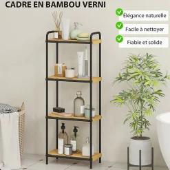 Étagère salle de bain bambou verni 4 niveaux autoportante cadre acier noir