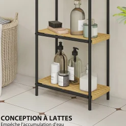 Étagère salle de bain bambou verni 4 niveaux autoportante cadre acier noir