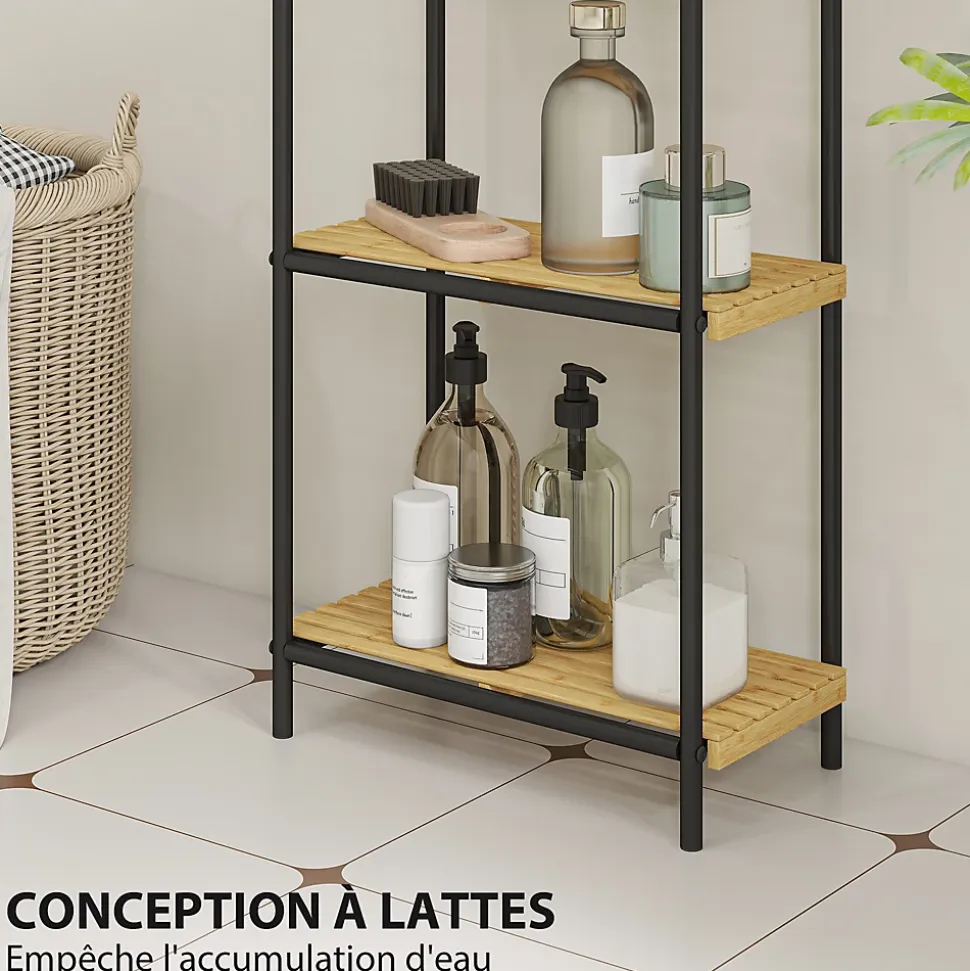 Étagère salle de bain bambou verni 4 niveaux autoportante cadre acier noir