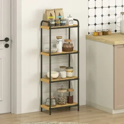 Étagère salle de bain bambou verni 4 niveaux autoportante cadre acier noir