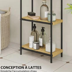 Étagère salle de bain bambou verni 3 niveaux autoportante cadre acier noir