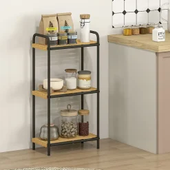 Étagère salle de bain bambou verni 3 niveaux autoportante cadre acier noir