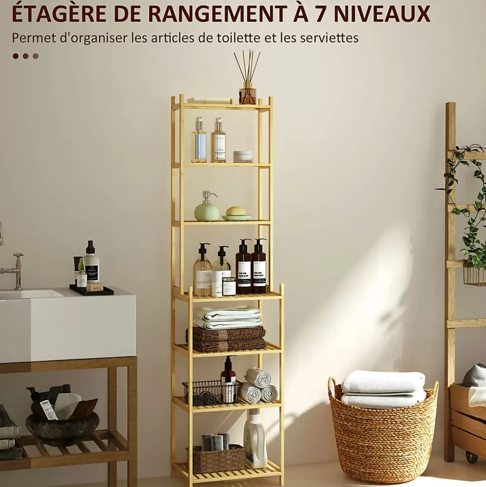 Étagère salle de bain bois bambou verni 7 niveaux étagères à lattes dim. 44 x 33 x 180 cm