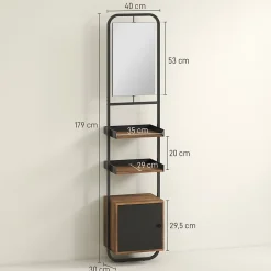 Étagère salle de bain design vintage avec miroir - porte, 2 étagères - 40 x 30 x 179 cm - métal noir effet bois
