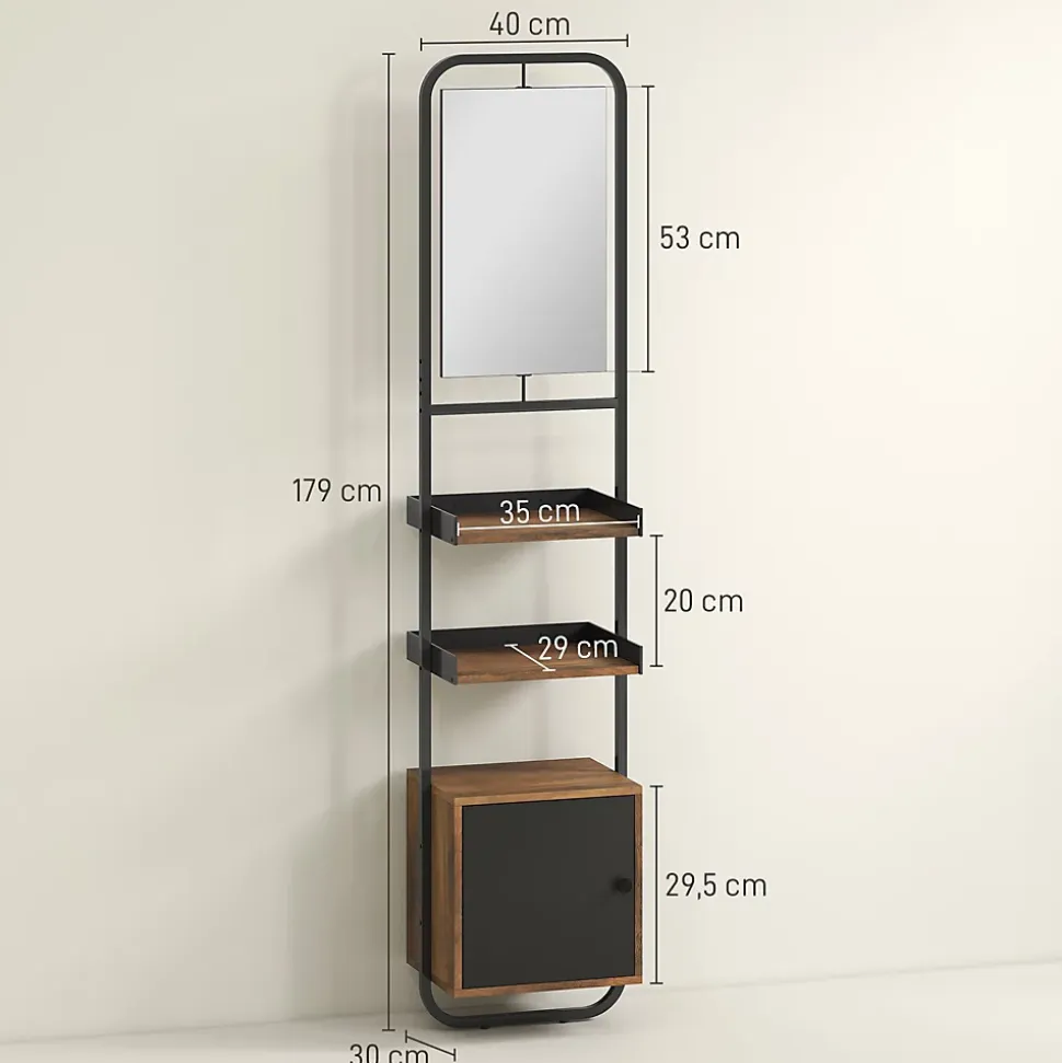 Étagère salle de bain design vintage avec miroir - porte, 2 étagères - 40 x 30 x 179 cm - métal noir effet bois