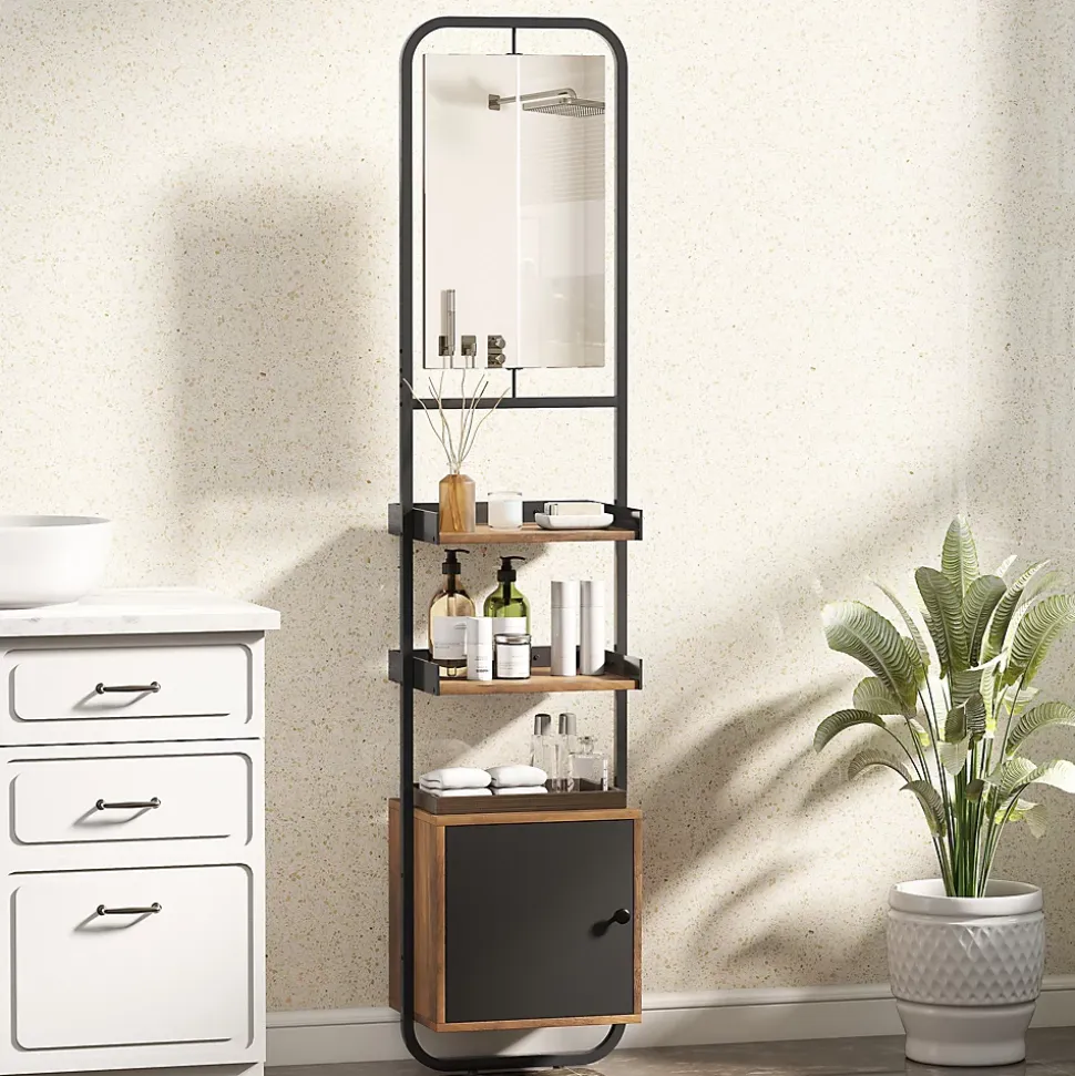 Étagère salle de bain design vintage avec miroir - porte, 2 étagères - 40 x 30 x 179 cm - métal noir effet bois