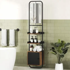 Étagère salle de bain design vintage avec miroir - porte, 2 étagères - 40 x 30 x 179 cm - métal noir effet bois