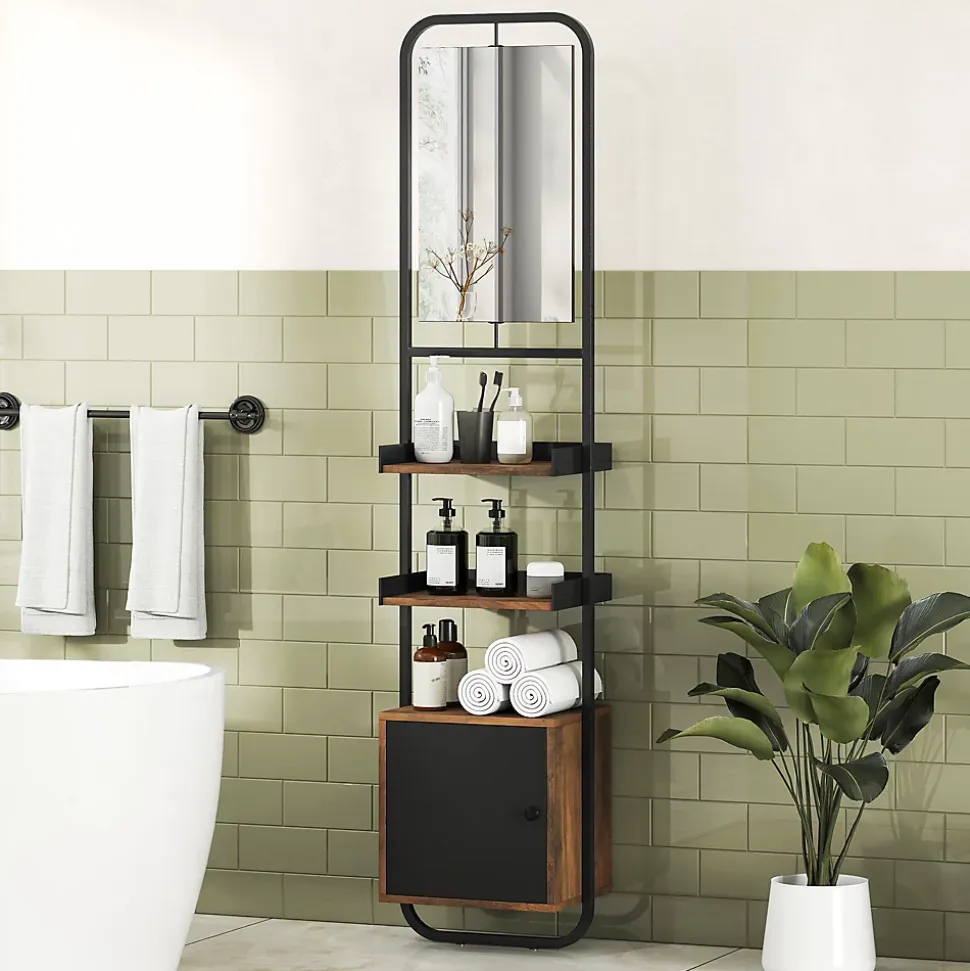 Étagère salle de bain design vintage avec miroir - porte, 2 étagères - 40 x 30 x 179 cm - métal noir effet bois