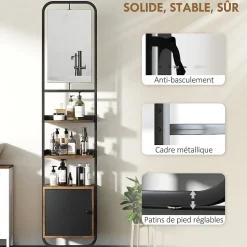 Étagère salle de bain design vintage avec miroir - porte, 2 étagères - 40 x 30 x 179 cm - métal noir effet bois