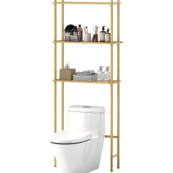 Étagère WC 3 niveaux en bois naturel, meuble salle de bain gain de place avec système anti-basculement, style champêtre