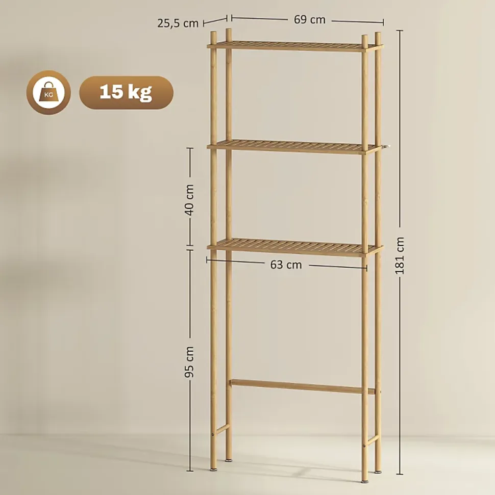 Étagère WC 3 niveaux en bois naturel, meuble salle de bain gain de place avec système anti-basculement, style champêtre
