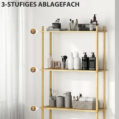 Étagère WC 3 niveaux en bois naturel, meuble salle de bain gain de place avec système anti-basculement, style champêtre