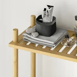 Étagère WC 3 niveaux en bois naturel, meuble salle de bain gain de place avec système anti-basculement, style champêtre
