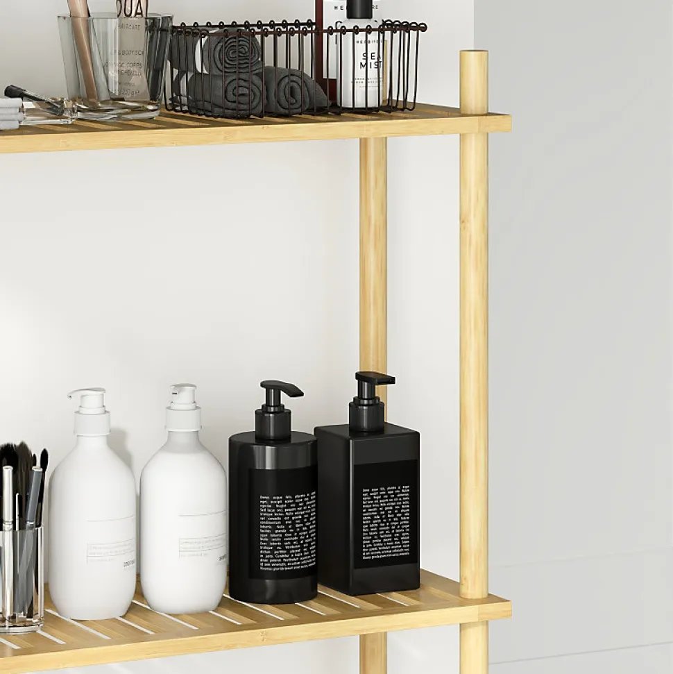 Étagère WC 3 niveaux en bois naturel, meuble salle de bain gain de place avec système anti-basculement, style champêtre