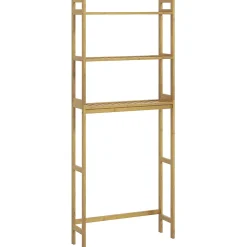 Étagère WC autoportante 3 niveaux en bambou naturel, meuble salle de bain gain de place avec système anti-basculement