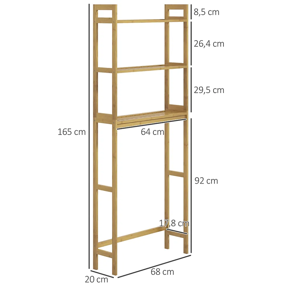 Étagère WC autoportante 3 niveaux en bambou naturel, meuble salle de bain gain de place avec système anti-basculement