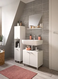 Tambo - Ensemble de 3 meubles de salle de bains (L/H/P : 102x186x33 cm) en mélaminé blanc, vasque non incluse
