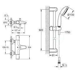 Tempesta 100 ensemble de douche complet 3 jets + mitigeur thermostatique bain/douche 1/2", chrome (34598000-28789002)