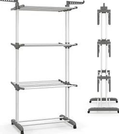 étendoir à Linge 4 Niveaux Support Pliable avec 3 Plateaux Rétractables 1 étagère à Chaussures Inférieure