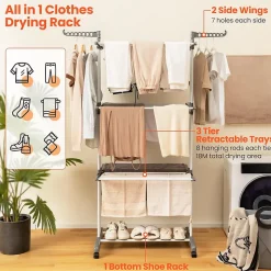 étendoir à Linge 4 Niveaux Support Pliable avec 3 Plateaux Rétractables 1 étagère à Chaussures Inférieure