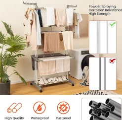 étendoir à Linge 4 Niveaux Support Pliable avec 3 Plateaux Rétractables 1 étagère à Chaussures Inférieure