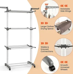 étendoir à Linge 4 Niveaux Support Pliable avec 3 Plateaux Rétractables 1 étagère à Chaussures Inférieure