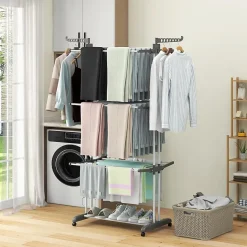 étendoir à Linge 4 Niveaux Support Pliable avec 3 Plateaux Rétractables 1 étagère à Chaussures Inférieure
