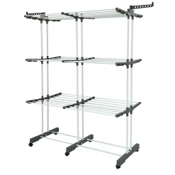 Étendoir à linge multifonction grande capacité 38 m d'étendage 6 pieds sur roulettes, 2 portes-cintres, gris et acier blanc, Kitchen Move Extra Plus