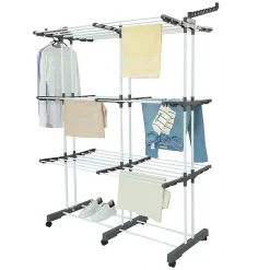 Étendoir à linge multifonction grande capacité 38 m d'étendage 6 pieds sur roulettes, 2 portes-cintres, gris et acier blanc, Kitchen Move Extra Plus