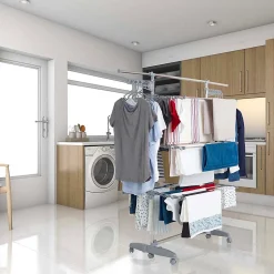 Étendoir à linge multifonction sur roulettes 30 m d'étendage, 30 accessoires, 4 niveaux et 2 portes-cintres, gris et inox, Kitchen Move Access