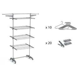 Étendoir à linge multifonction sur roulettes 30 m d'étendage, 30 accessoires, 4 niveaux et 2 portes-cintres, gris et inox, Kitchen Move Access