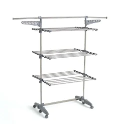 Étendoir à linge multifonction sur roulettes grande capacité 25 m 3 niveaux et 2 portes-cintres, gris et inox, Kitchen Move Extra Plus