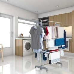 Étendoir à linge multifonction sur roulettes grande capacité 25 m 3 niveaux et 2 portes-cintres, gris et inox, Kitchen Move Extra Plus