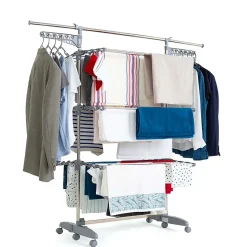 Étendoir à linge multifonction sur roulettes 25 m d'étendage, 30 accessoires, 4 niveaux et 2 portes-cintres, gris et inox, Kitchen Move Access