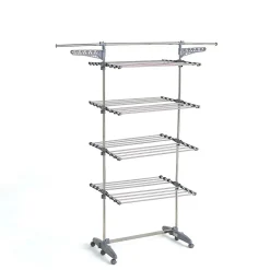 Étendoir à linge multifonction sur roulettes grande capacité 30 m d'étendage, 4 niveaux et 2 portes-cintres, gris et inox, Kitchen Move Extra