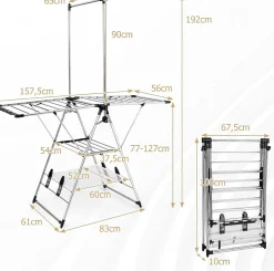 Étendoir à Linge Pliable à 6 Niveaux Réglable en Hauteur avec Cintres Suspendus en Hauteur et Clips Latéraux Séchoir à Ailes