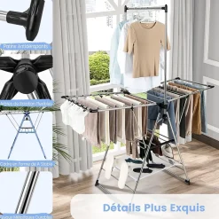Étendoir à Linge Pliable à 6 Niveaux Réglable en Hauteur avec Cintres Suspendus en Hauteur et Clips Latéraux Séchoir à Ailes
