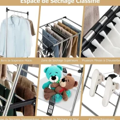 Étendoir à Linge Pliable à 6 Niveaux Réglable en Hauteur avec Cintres Suspendus en Hauteur et Clips Latéraux Séchoir à Ailes