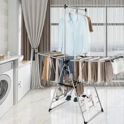 Étendoir à Linge Pliable à 6 Niveaux Réglable en Hauteur avec Cintres Suspendus en Hauteur et Clips Latéraux Séchoir à Ailes