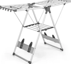 Étendoir à Linge Pliable à 2 Niveaux en Aluminium avec Ailes Réglables en Hauteur 21 Rails de Séchage 10 Pinces