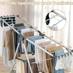 Étendoir à Linge Pliable à 2 Niveaux en Aluminium avec Ailes Réglables en Hauteur 21 Rails de Séchage 10 Pinces