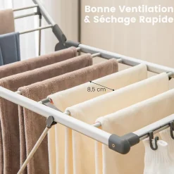Étendoir à Linge Pliable à 2 Niveaux en Aluminium avec Ailes Réglables en Hauteur 21 Rails de Séchage 10 Pinces