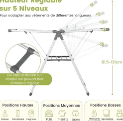 Étendoir à Linge Pliable à 2 Niveaux en Aluminium avec Ailes Réglables en Hauteur 21 Rails de Séchage 10 Pinces