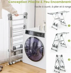 Étendoir à Linge Pliable à 2 Niveaux en Aluminium avec Ailes Réglables en Hauteur 21 Rails de Séchage 10 Pinces