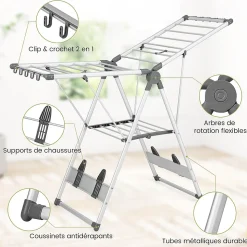 Étendoir à Linge Pliable à 2 Niveaux en Aluminium avec Ailes Réglables en Hauteur 21 Rails de Séchage 10 Pinces