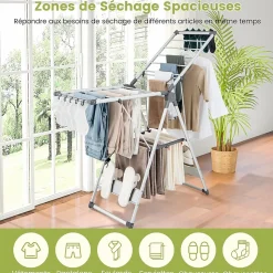 Étendoir à Linge Pliable à 2 Niveaux en Aluminium avec Ailes Réglables en Hauteur 21 Rails de Séchage 10 Pinces