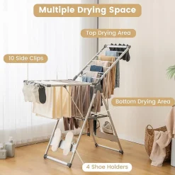 Étendoir à Linge Pliable à 2 Niveaux en Aluminium avec Ailes Réglables en Hauteur 21 Rails de Séchage 10 Pinces