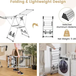 Étendoir à Linge Pliable à 2 Niveaux en Aluminium avec Ailes Réglables en Hauteur 21 Rails de Séchage 10 Pinces