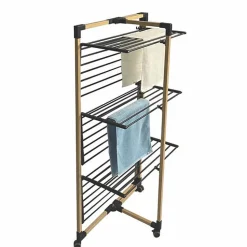 Étendoir à linge pliable 30 m d'étendage sur 3 niveaux avec roulettes, acier noir et effet bois, Kitchen Move Willis