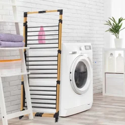 Étendoir à linge pliable 30 m d'étendage sur 3 niveaux avec roulettes, acier noir et effet bois, Kitchen Move Willis